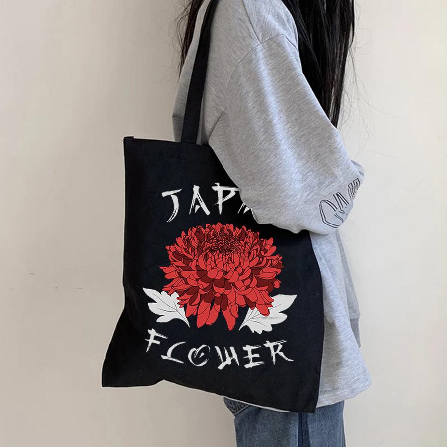 Aidegou19 Kawaii Bloemen Patroon Merk Mode Roze Canvas Tas Kaki Schattig Meisje Schoudertas Koreaanse Zwarte Boodschappentas Bolsos 24*26cm wit