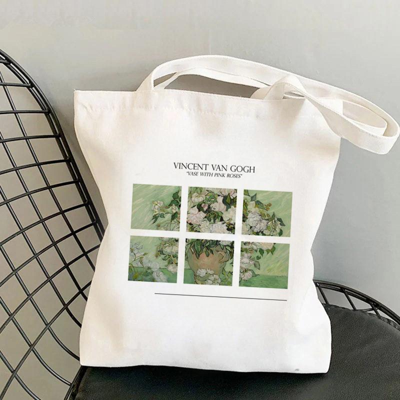 Aidegou20 Shopper Van Gogh Vaas met Roze Rozen Kawaii Tas Harajuku vrouwen Boodschappentas Canvas Shopper Tas meisje Tote Bag Schoudertas Dame 29*32cm
