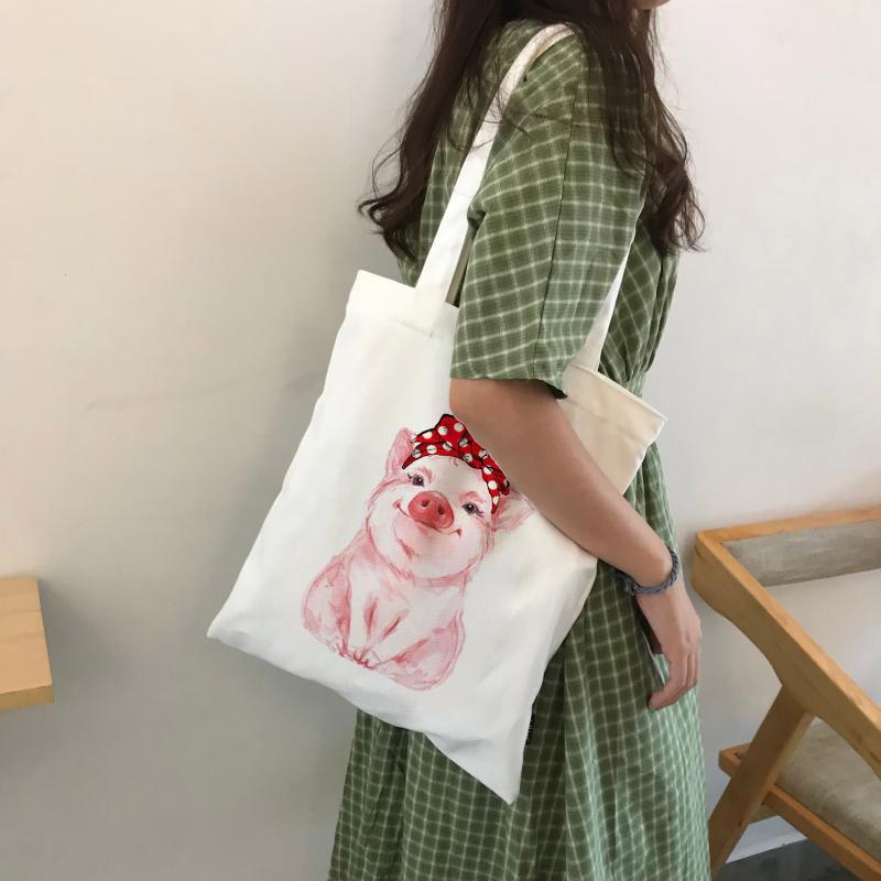 Aidegou20 Leuk varken print canvas boodschappentas Tote schoudertassen Casual handtas voor meisjes Schooltassen Casual herbruikbare opvouwbare reistas 29*32cm wit