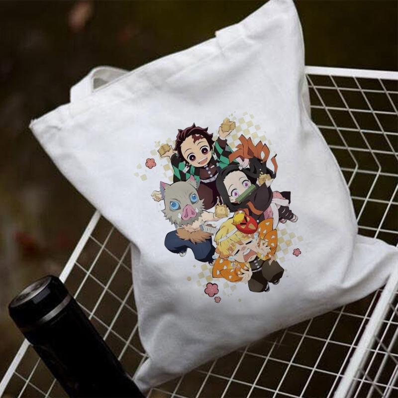 Iaidegou-9 Schoudertas Kawaii Anime Ghost Slayer Canvas Tas Handtassen Vrouwen Harajuku Zachte Opbergruimte Herbruikbare Hoge Capaciteit Shopper Tote Bag 24*26cm