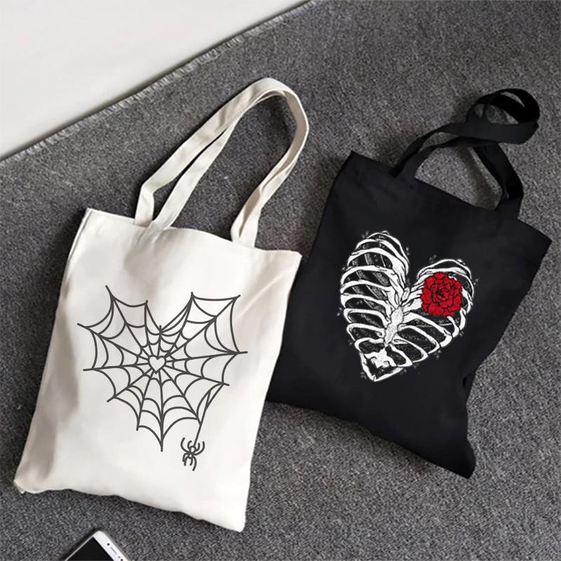 Iaidegou-9 Retro Gothic Anime Spinnenweb Print Canvas Tas Casual Ulzzang Grote Capaciteit Kawaii Vrouwen Schoudertas Punk Hip Hop Shopper Tas 24*26cm