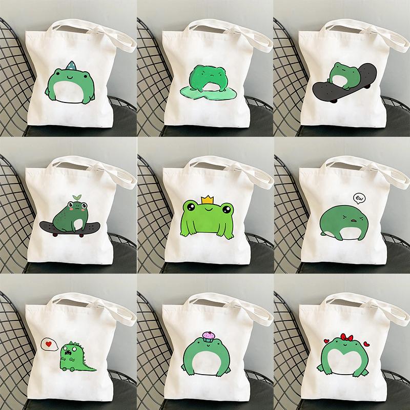 Iaidegou-4 Leuke Kikker Boodschappentas Shopper Tassen Tote Canvas Tas Harajuku Herbruikbare Grote Capaciteit Kawaii Vrouwen Casual Schoudertas Handtas 34*42cm