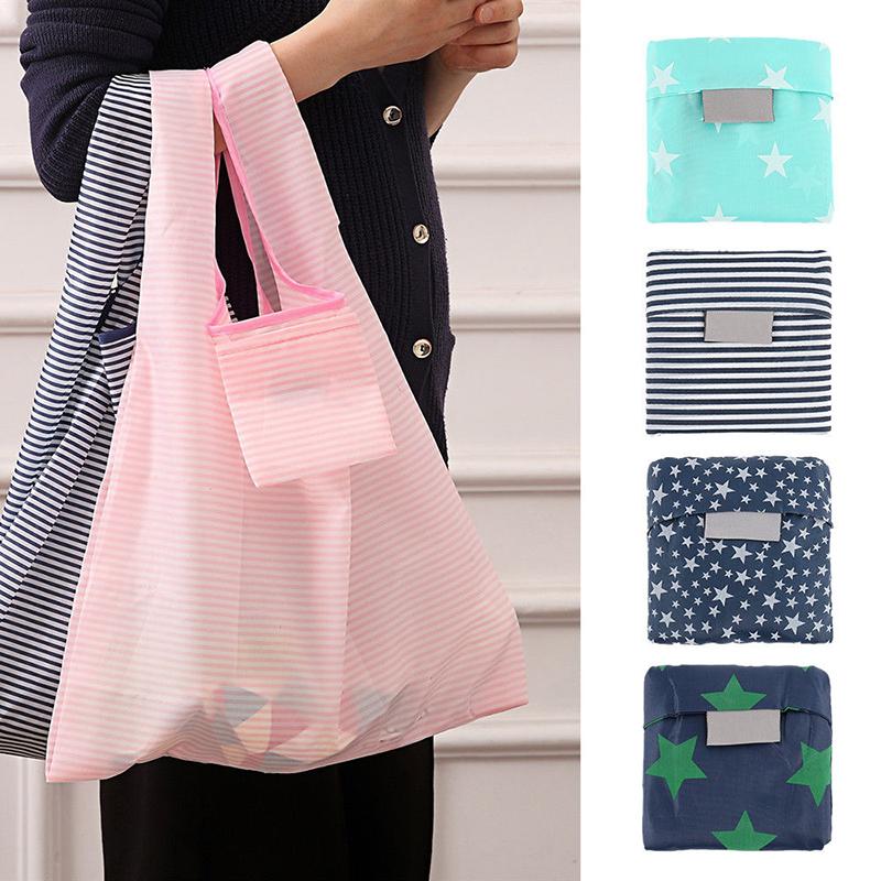 Tanglihan 1PC Herbruikbare Unisex Bedrukte Eco-vriendelijke Boodschappentas Opvouwbare Boodschappentassen Polyester Eco Boodschappentas Pink Stripe