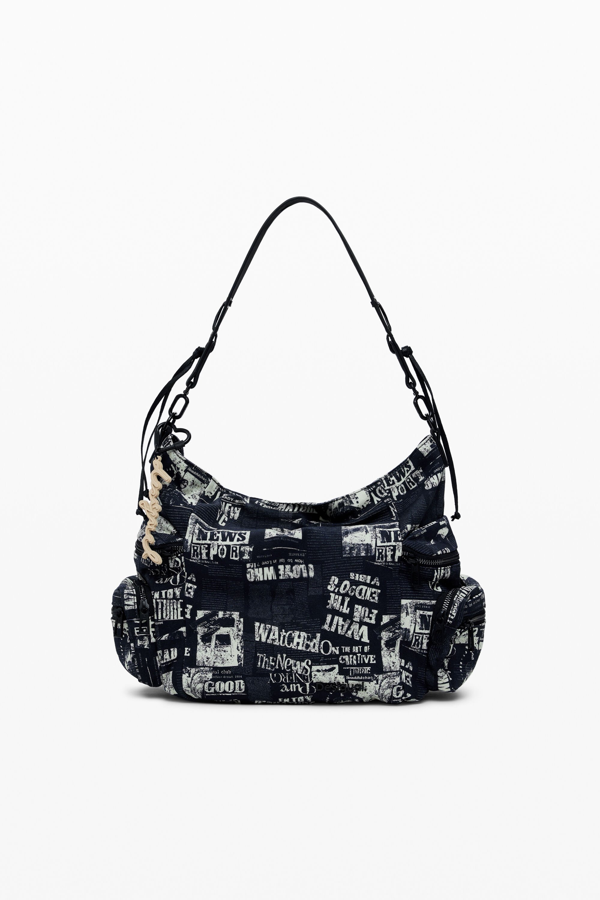 Desigual Middelgrote schoudertas met krantenprint - BLACK