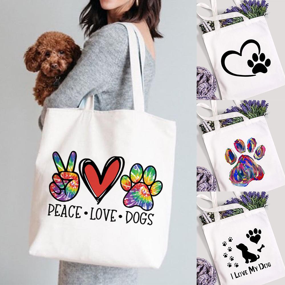 Aidegou19 Peace Love Dogs Paw Shopping Bag Mom Life Women Canvas Tote Shopper Schoudertas Herbruikbare Grappige Opslag Handtas met Hoge Capaciteit 24*26cm