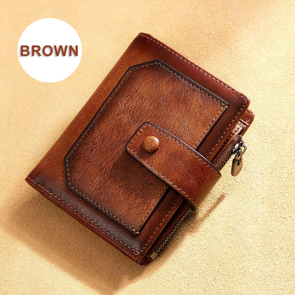 Khalesex Vintage mannen lederen portemonnee RFID blokkeren driebladige korte multifunctionele geldclip grote capaciteit rits portemonnee bruin