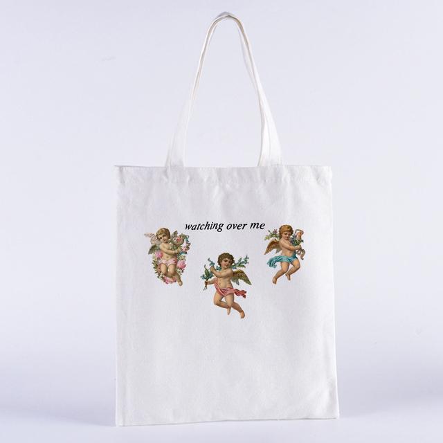 Aidegou19 JE KUNT NIET BIJ ONS ZITTEN Vintage Harajuku Angel Vrouwelijke College Canvas Schoudertas Mode Casual Grote Capaciteit Witte Totes 24*26cm