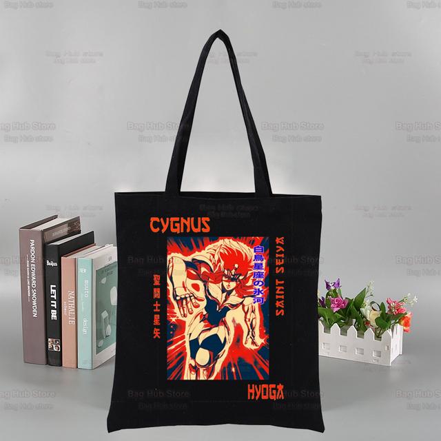 Aidegou19 Ridders van de dierenriem aangepaste draagtas winkelen zwart Unisex reizen Saint Seiya canvas tassen Eco opvouwbare Seya anime shopper tas 24*26cm