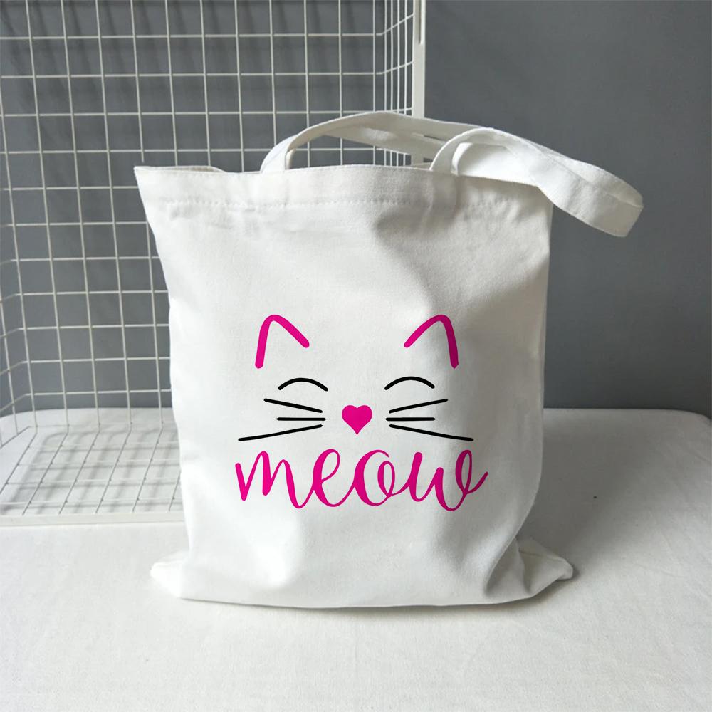 Aidegou20 Schattige Meow Cat Canvas Boodschappentas Vrouwen Grote Capaciteit Opbergtas Handtas Schoudertas Herbruikbare Studenten Boekentas Mode Shopper 24*26cm
