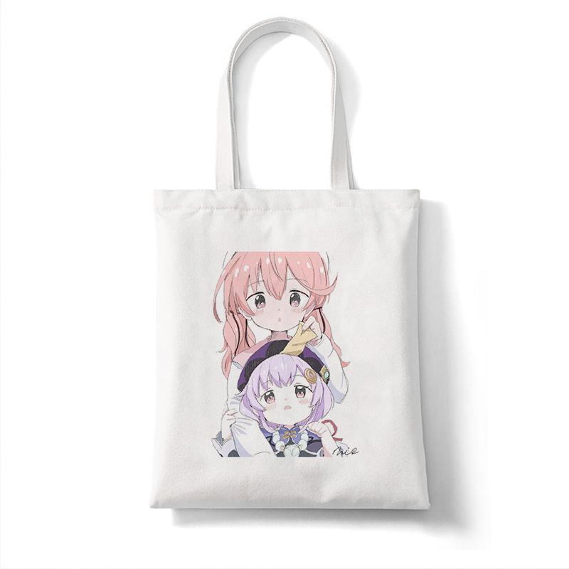 Iaidegou-4 Canvas Tas Shopper Tas Genshin Game Kawaii Anime Boodschappentassen Handtassen Schoudertas Casual Handtas Dames Eco-tas met hoge capaciteit 24*26cm