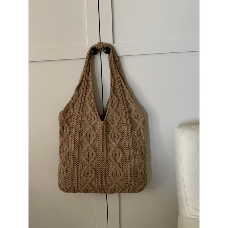 VIA ROMA Vintage breitas Handgemaakte breitas Tote Bag Honderd Schoudertas Dames Handtas Boodschappentas lichtbruine kleur