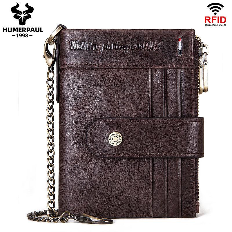 HUMERPAUL Echt leren herenportemonnees RFID Slim Bifold Hasp Korte herenportemonnee Muntentas Multifunctionele kaartenportemonnee Kettingtas Kwaliteit M koffie