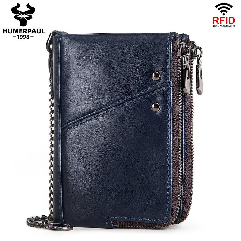 Humerpaul Echt leer RFID-blokkerende dubbele rits herenportemonnee Bifold slanke horizontale portemonnee BP-BP852-blauw blauw