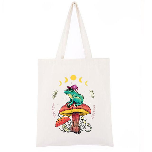 Aidegou19 Cottagecore Esthetische Goblincore Kikker Tovenaar Op Paddestoel Dame Boodschappentas Koreaanse Katoenen Merk Vrouwelijke Handtas Aanpasbaar 24*26cm wit
