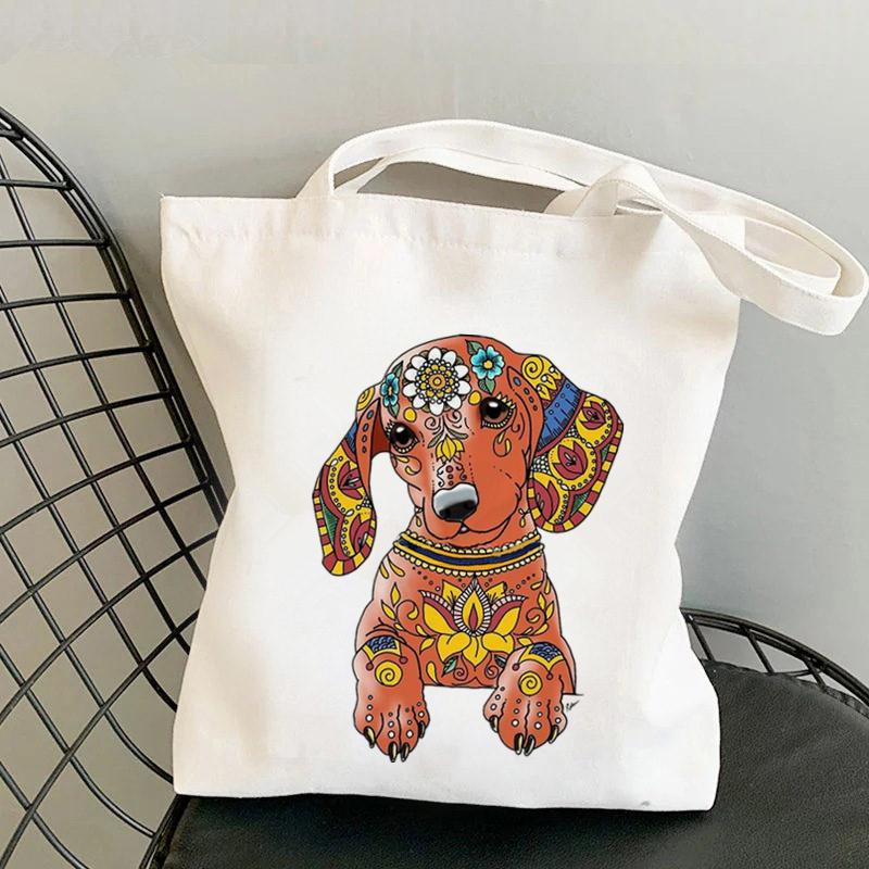 Aidegou20 Shopper Bruine Teckel met Harten in liefde Tote Bag vrouwen Harajuku shopper handtas meisje Schouder boodschappentas Lady Canvas Bag 34*42cm