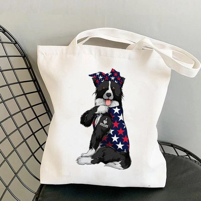 Aidegou25 Shopper Bandana's Border Collie I LOVE MOM Gedrukte Tote Bag dames shopper handtas meisje Schouder boodschappentas Lady Canvas Bag 24*26cm