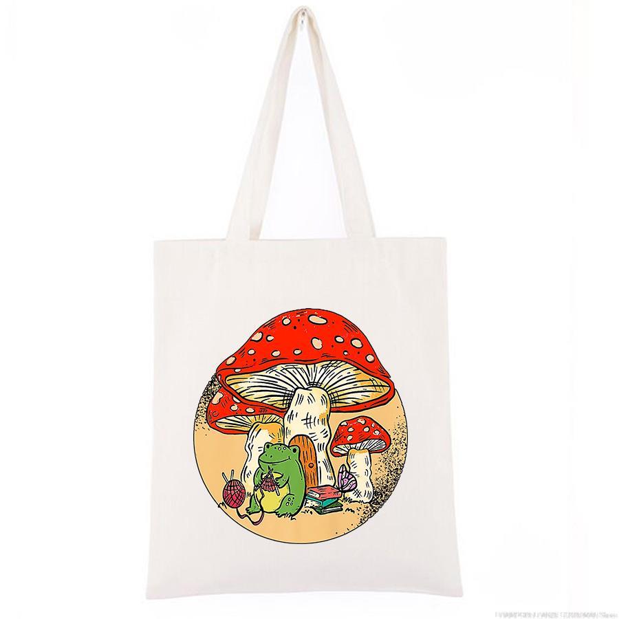 Iaidegou-4 Schattige Cottagecore Esthetische Kikker Kinting Paddestoel Dame Boodschappentassen Harajuku Stoffen Merk Schattige Meisjes Handtas Aangepast 24*26cm wit