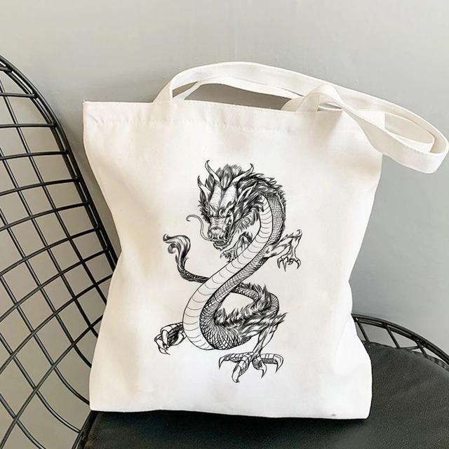 Aidegou15 Mode Draak Chinese Stijl Boodschappentas Harajuku Canvas Tas Draagtas Handtas Grote Capaciteit Shopper Tas Casual Schoudertas 24*26cm