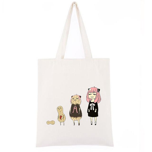 Aidegou17 Anya'S Peanut Evolution-Spy X Family Lady Shoppers Tassen Harajuku Stof Boodschappen Eco Vrouwelijke Handtas Anime Canvas Draagtas 24*26ccm wit