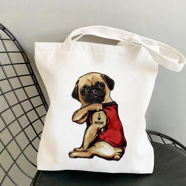 Aidegou20 Shopper vet Bandana Pug i love Mom Kawaii Tas Harajuku vrouwen Boodschappentas Canvas Shopper Tas meisje handtas Schoudertas Dame 29*32cm