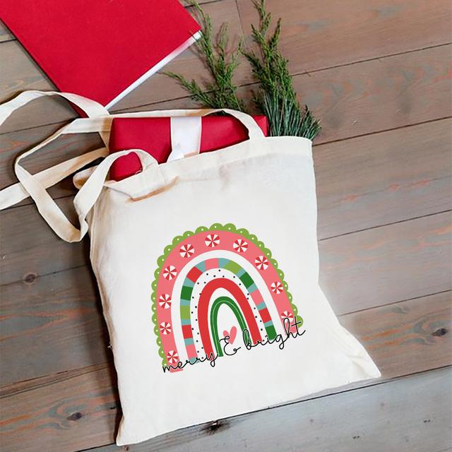 Iaidegou-4 Vrolijke Kerstmis Canvas Shopping Tote Bag voor Vrouwen Casual Mode Schoudertas Grote Capaciteit Handtas Grafisch Bedrukt Kerstcadeau 24*26cm