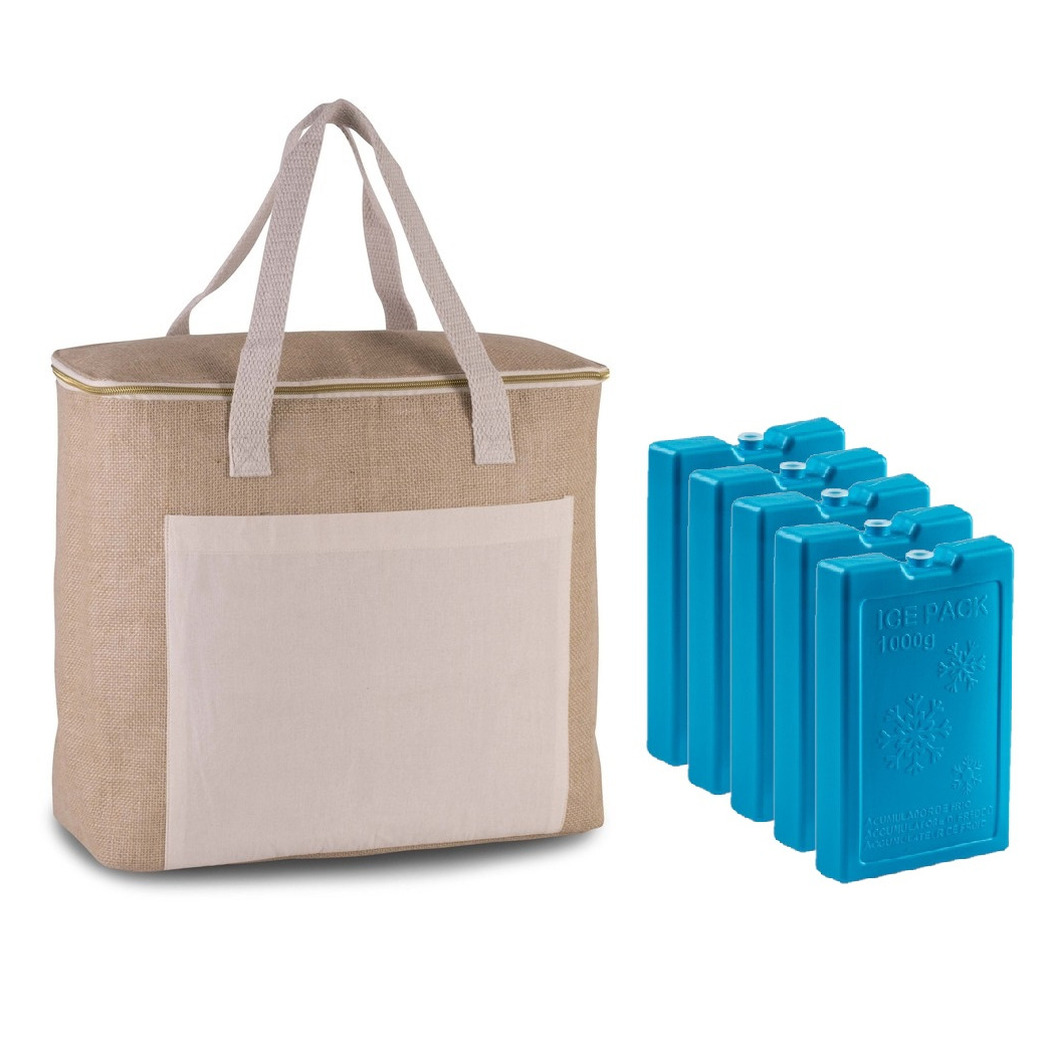 Kimood Grote koeltas jute/canvas 20 liter en x 32 x 16 cm met 5x stuks koelelementen blauw -