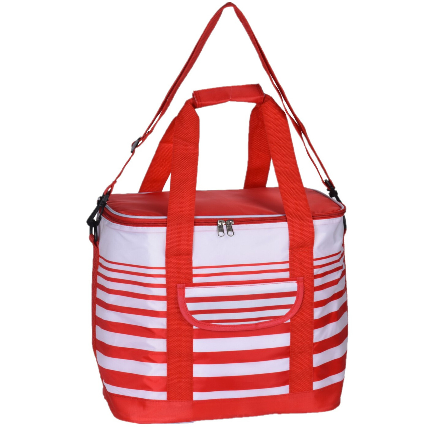 Merkloos Koeltas draagtas schoudertas - rood/wit gestreept - 28 x 18 x 29 cm - 12 liter - Koeltassen -