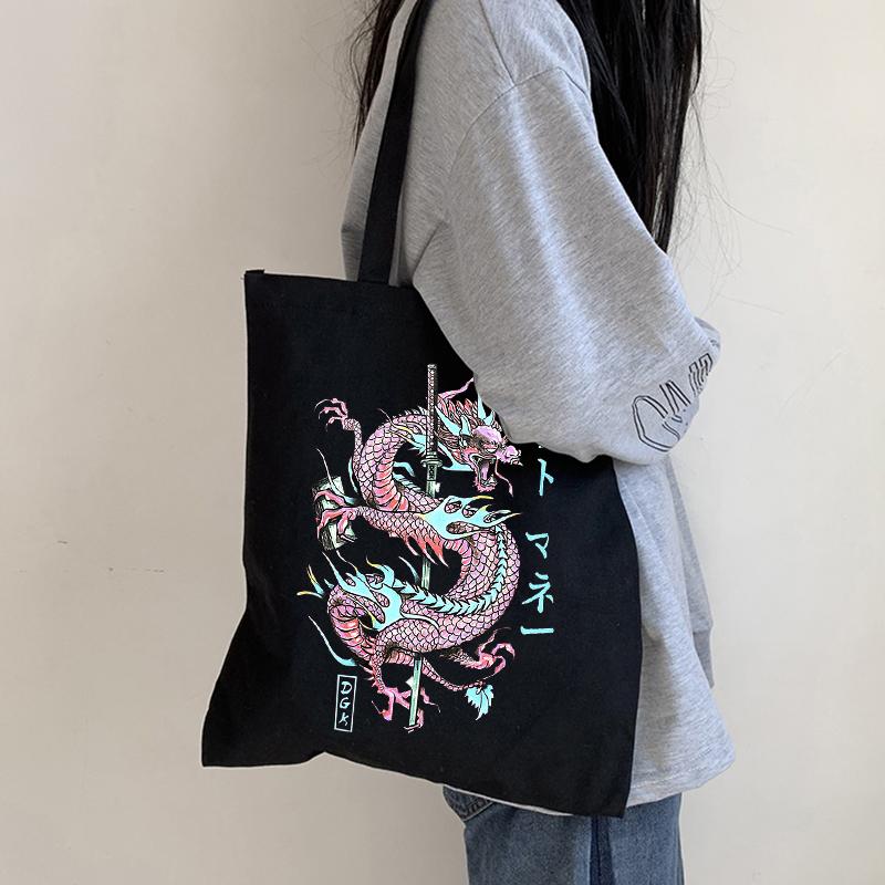 Aidegou20 Japanse Gothic Dragon Anime Print Punk Canvas Tas Harajuku Y2K Shopper Tassen Grote Capaciteit Vintage Cartoon Dames Schoudertas 34*42cm