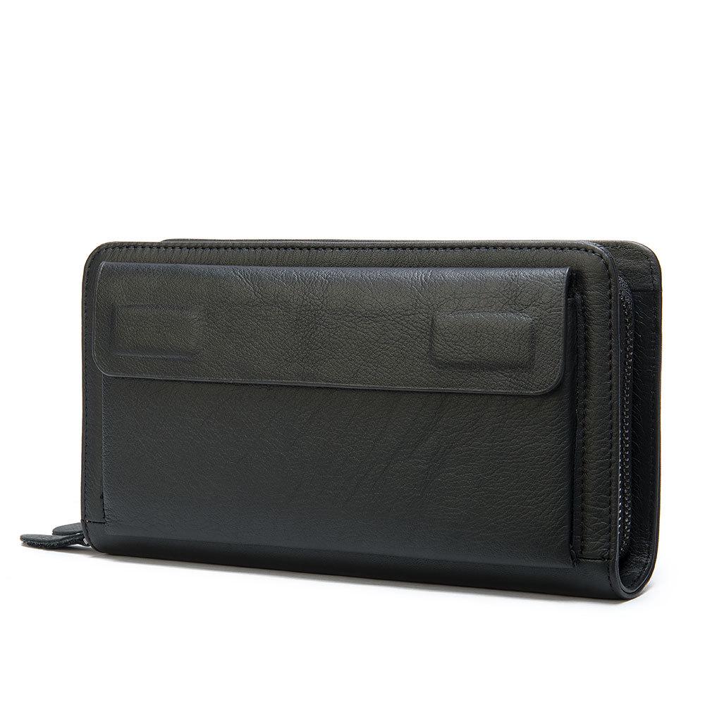 VIA ROMA Heren Handtas Leren Clutch Bag Heren Lange Hoofdlaag Koeienhuid Mobiele Telefoon Tas Grote Capaciteit Dubbele Rits Portemonnee zwart