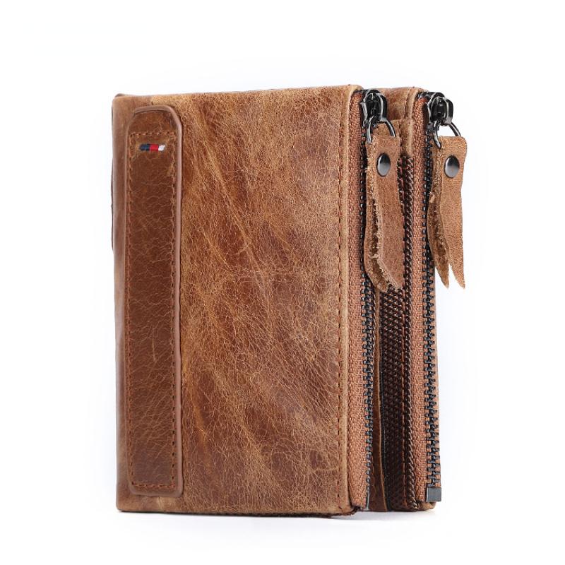 VeraBags Nieuwe RFID Anti-diefstal Borstel Koeienhuid Heren Portemonnee Leren Korte Heren Portemonnee Dubbele Rits Portemonnee 12cm*3cm*9.5cm bruin