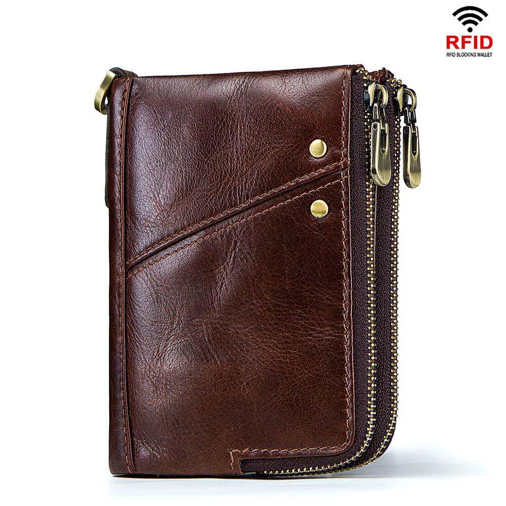 Heng Huang Heren leren portemonnee korte RFID dubbele rits verticale mode casual portemonnee bruin