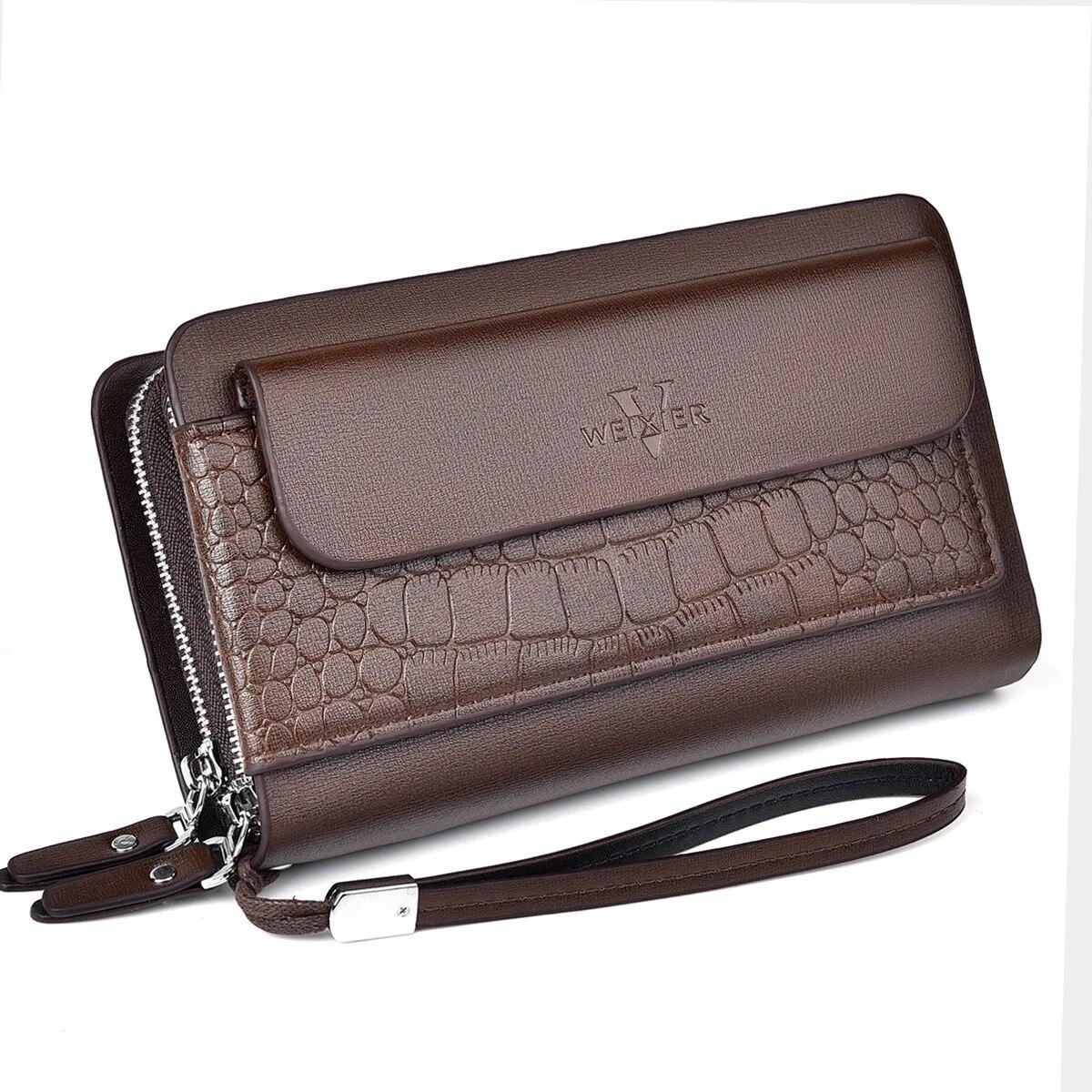 WEIXIER Mannen Clutch Bag Mode PU Leer Lange Portemonnee Dubbele Rits Zakelijke Portemonnee Zwart Bruin Mannelijke Casual Handige Tas bruin