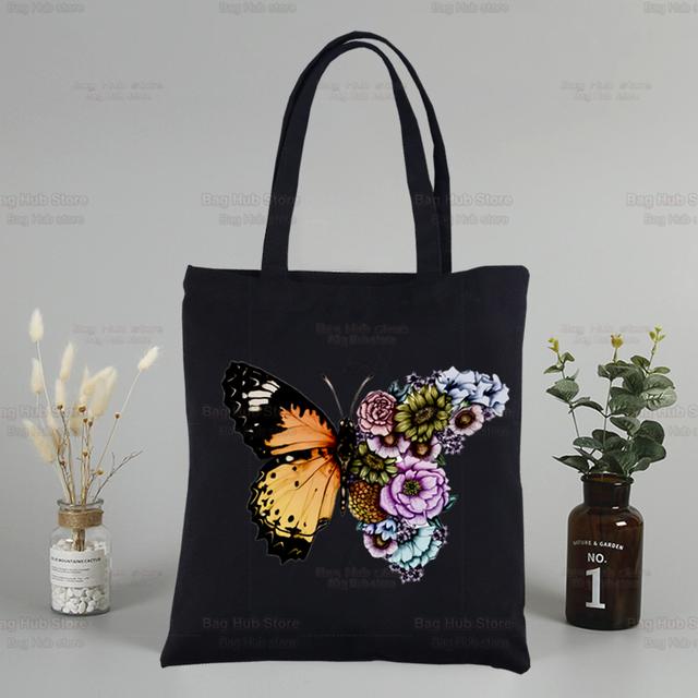 Iaidegou-2 Blauwe vlinderkleur vliegende bloem aangepaste tote tas winkelen origineel ontwerp zwarte unisex reis canvas tassen eco opvouwbare shopper 34*42cm
