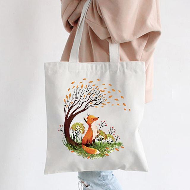 Aidegou32 Herbruikbare boodschappentassen Dames Fox Graphics Eco Tote Bags Canvas Boekentas Vrouwelijke Opvouwbare Shopper Tas Mode Schoudertas Handtas 34*42cm