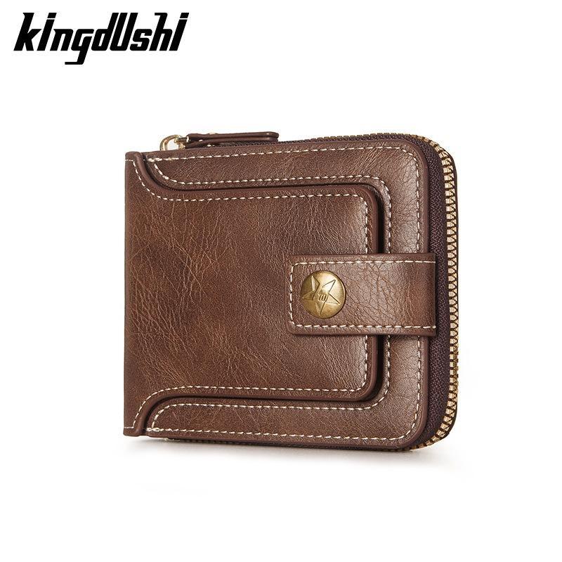 Kingdushi Vintage Heren Pu Lederen Kleine Portemonnee Korte Horizontale Ritssluiting Gesp Muntvak Drievoudige Kaarthouder Portemonnee