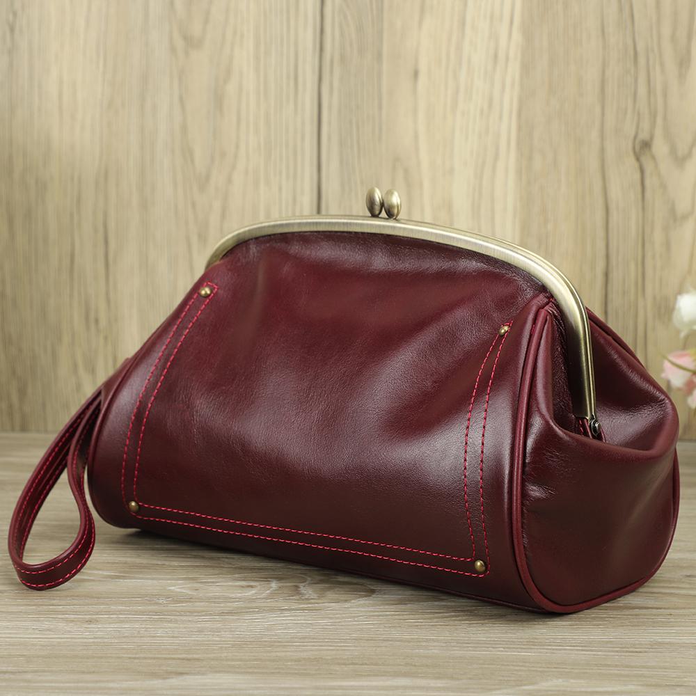 CONTACTS Contact's 2024 Echt Lederen Clutch Bags Kiss Lock Metalen Frame Ontwerp Vrouwelijke Mode Tassen Telefoonzak Damestassen Handtassen rood