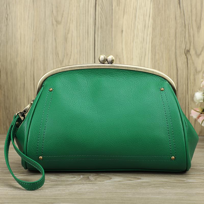 CONTACTS Contact's 2024 Echt Lederen Clutch Bags Kiss Lock Metalen Frame Ontwerp Vrouwelijke Mode Tassen Telefoonzak Damestassen Handtassen groen