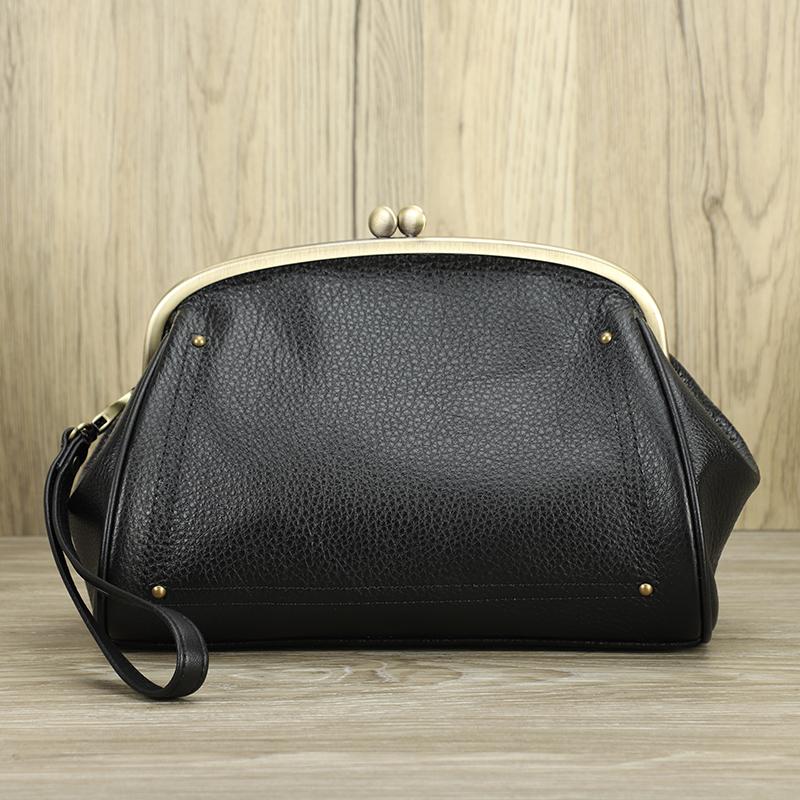 CONTACTS Contact's 2024 Echt Lederen Clutch Bags Kiss Lock Metalen Frame Ontwerp Vrouwelijke Mode Tassen Telefoonzak Damestassen Handtassen zwart