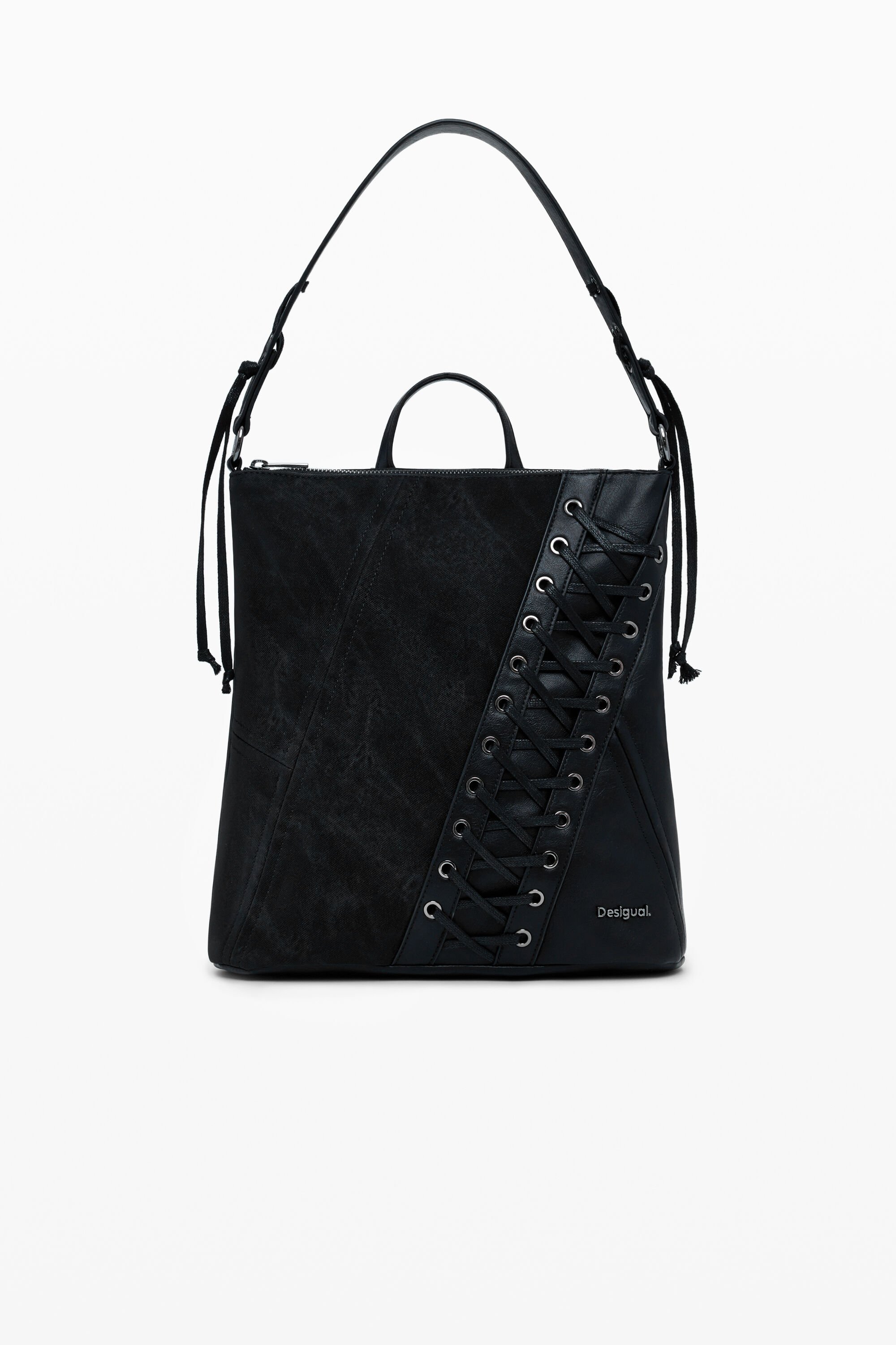 Desigual Kleine rugzak met leerlook en korsetdetails - BLACK