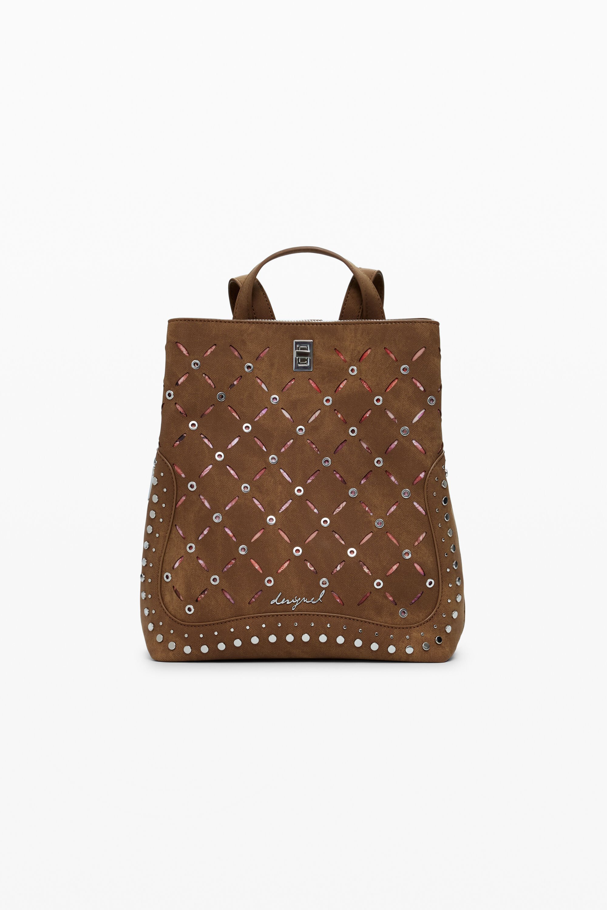 Desigual Kleine rugzak met opengewerkte details en studs - BROWN