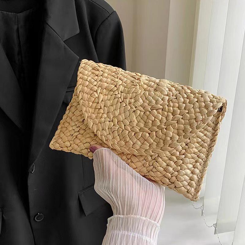 Yogodlns Mode Tassen Dames Zomer Retro Maïsstro Gebreide Handtas Sleutel Munt Geld Portemonnee Strand Clutch 25x2x15cm kaki