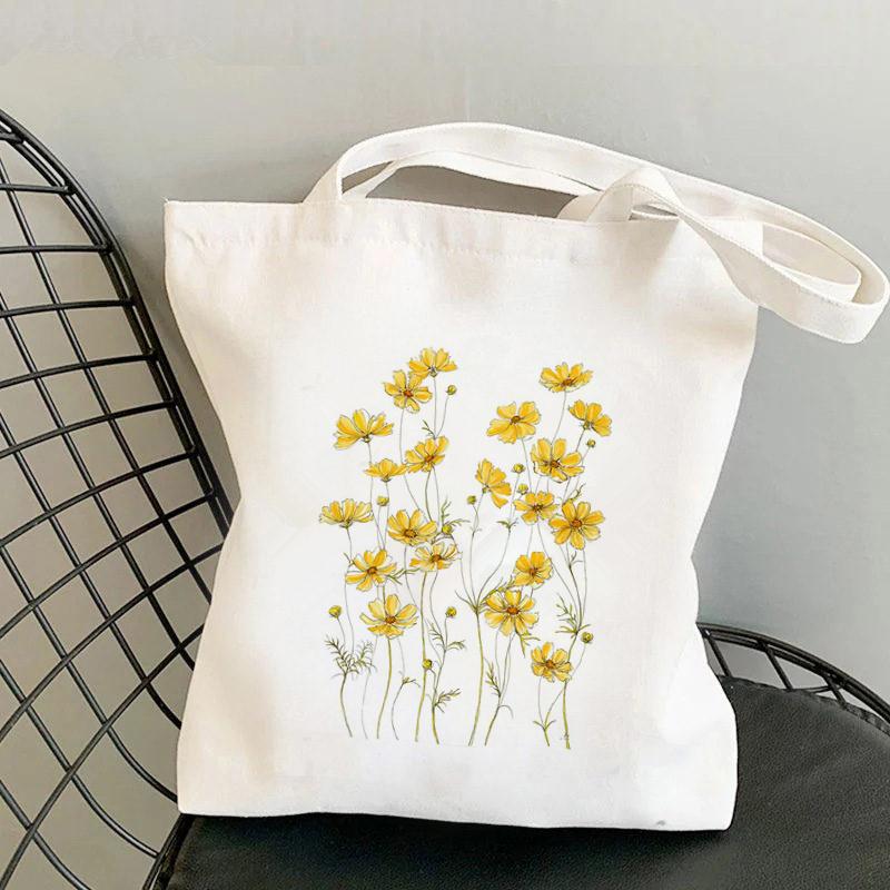 Iaidegou-4 Shopper Geel Cosmos Bloemen Gedrukt Tote Bag vrouwen Harajuku shopper handtas meisje Schouder boodschappentas Dame Canvas Tas 34*42cm