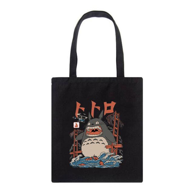 Aidegou17 Fat Totoro Leuke Print Herbruikbare Boodschappentas Dames Tote Bags Afdrukken Eco Bag Cartoon Shopper Vintage Zwarte Schouder Canvas Tassen 34*42cm