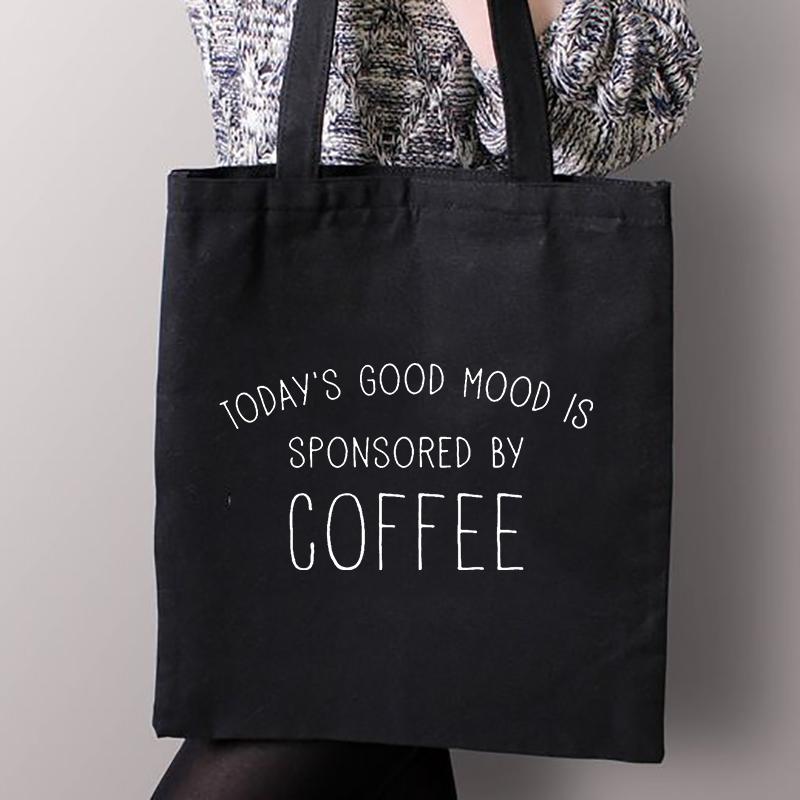 Aidegou17 Eerste koffie bedrukking Canvas Shopping Zwarte tassen Moederleven Vrouwen Katoenen gesp Tote tassen Vrouwelijke shopper Leraar Student Boekentassen 31*36cm