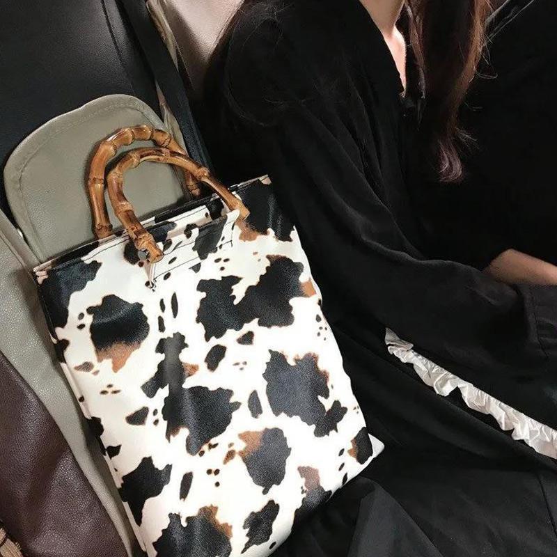 WTEMPO Grote capaciteit Retro Zomer Mode Trend Koe Tas Draagbare Eenvoudige Spook Paard Bamboe Koe Boodschappentas Patroon Tas Vrouwelijk 37cm*31cm