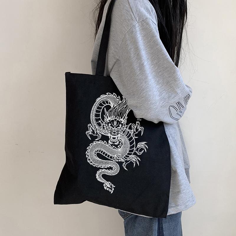 Aidegou19 Vrouwen Tas Draak Print Canvas Tas Shopper Bag Harajuku Y2k Grote Capaciteit Punk Gothic casual Cartoon Vrouwen Schoudertassen Handtas 25*30cm