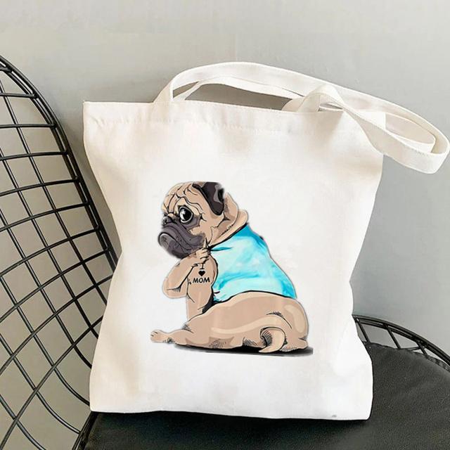 Aidegou20 Shopper vet Bandana Pug i love Mom Kawaii Tas Harajuku vrouwen Boodschappentas Canvas Shopper Tas meisje handtas Schoudertas Dame 31*36cm