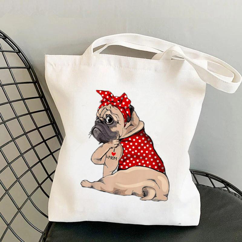 Aidegou20 Shopper vet Bandana Pug i love Mom Kawaii Tas Harajuku vrouwen Boodschappentas Canvas Shopper Tas meisje handtas Schoudertas Dame 34*42cm