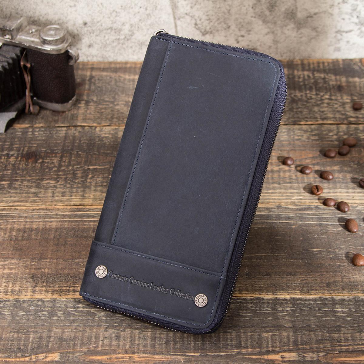 CONTACTS CONTACTEN Portemonnee voor mannen Echt leren clutch portemonnee Mannen Casual lange portemonnee met rits Telefoonvak Grote capaciteit RFID-kaarthouder blauw