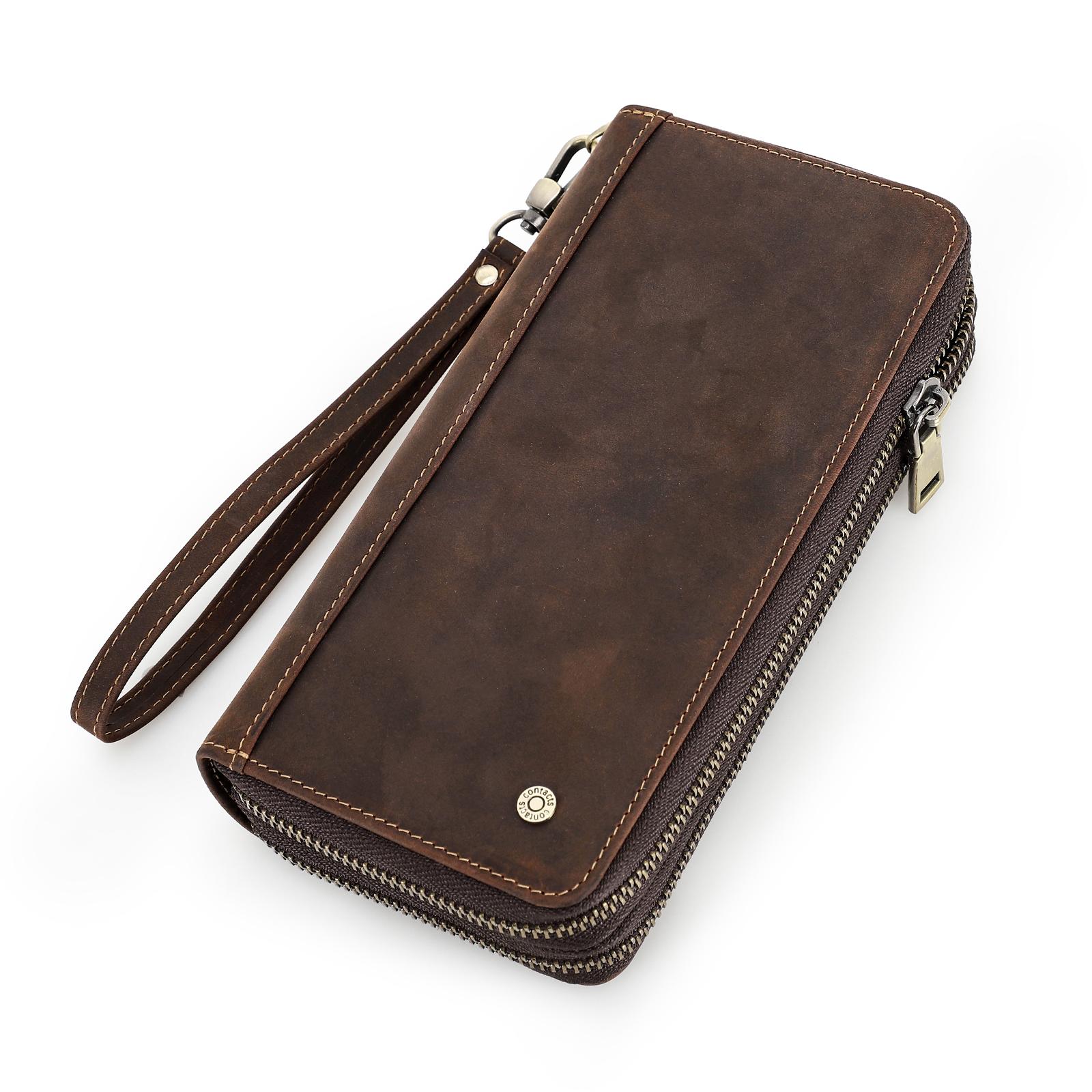 CONTACTS CONTACT'S Echt leren herenportemonnee Clutch Rits Kaarthouder Herenportemonnees Cover Vintage Lange portemonnees Met Handriem Designer koffie